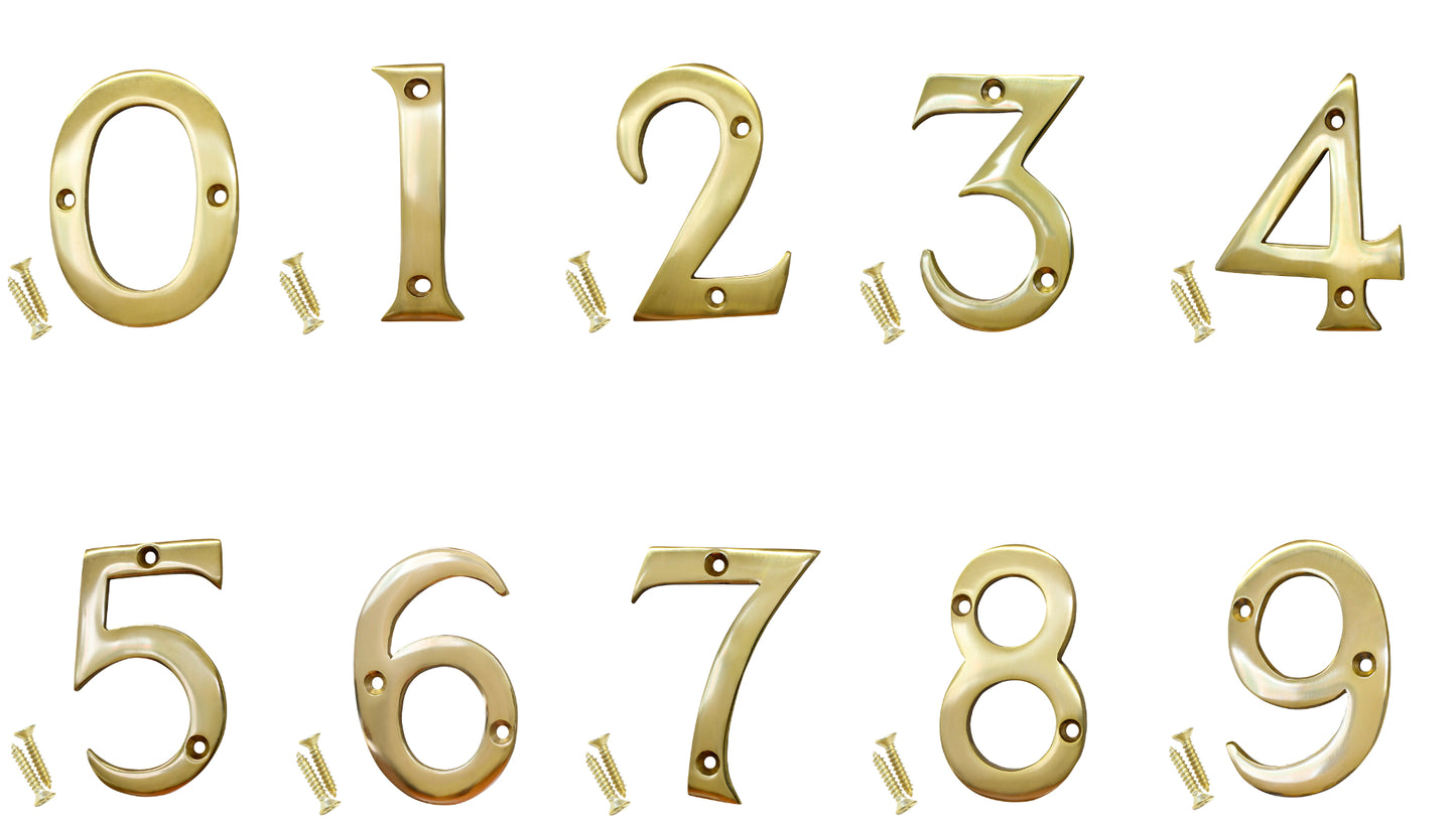 4 inch Modern House Numbers - Polished Brass Finish
